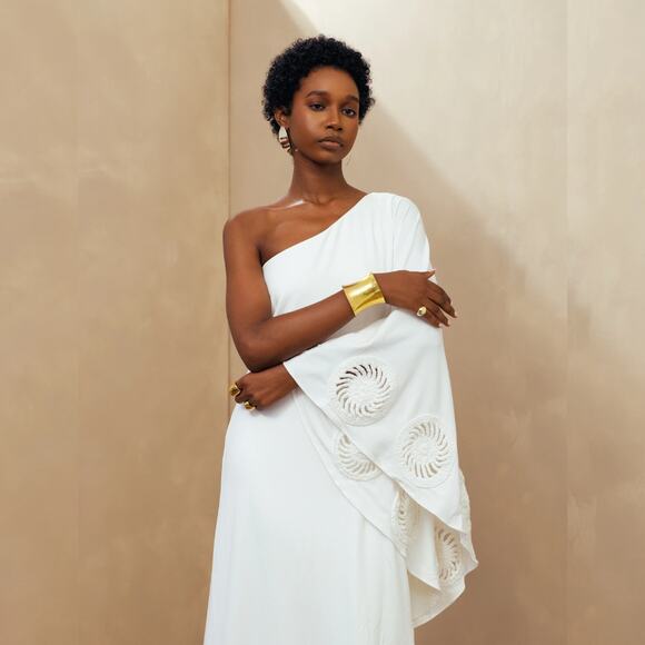 Elexiay Dress Crochet Abia White Draped One Shoulder Kaftan Maxi Dress Size S - Picture 5 of 12